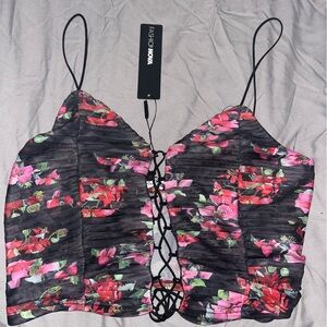Fashion Nova Black and Pink Floral Mesh Top